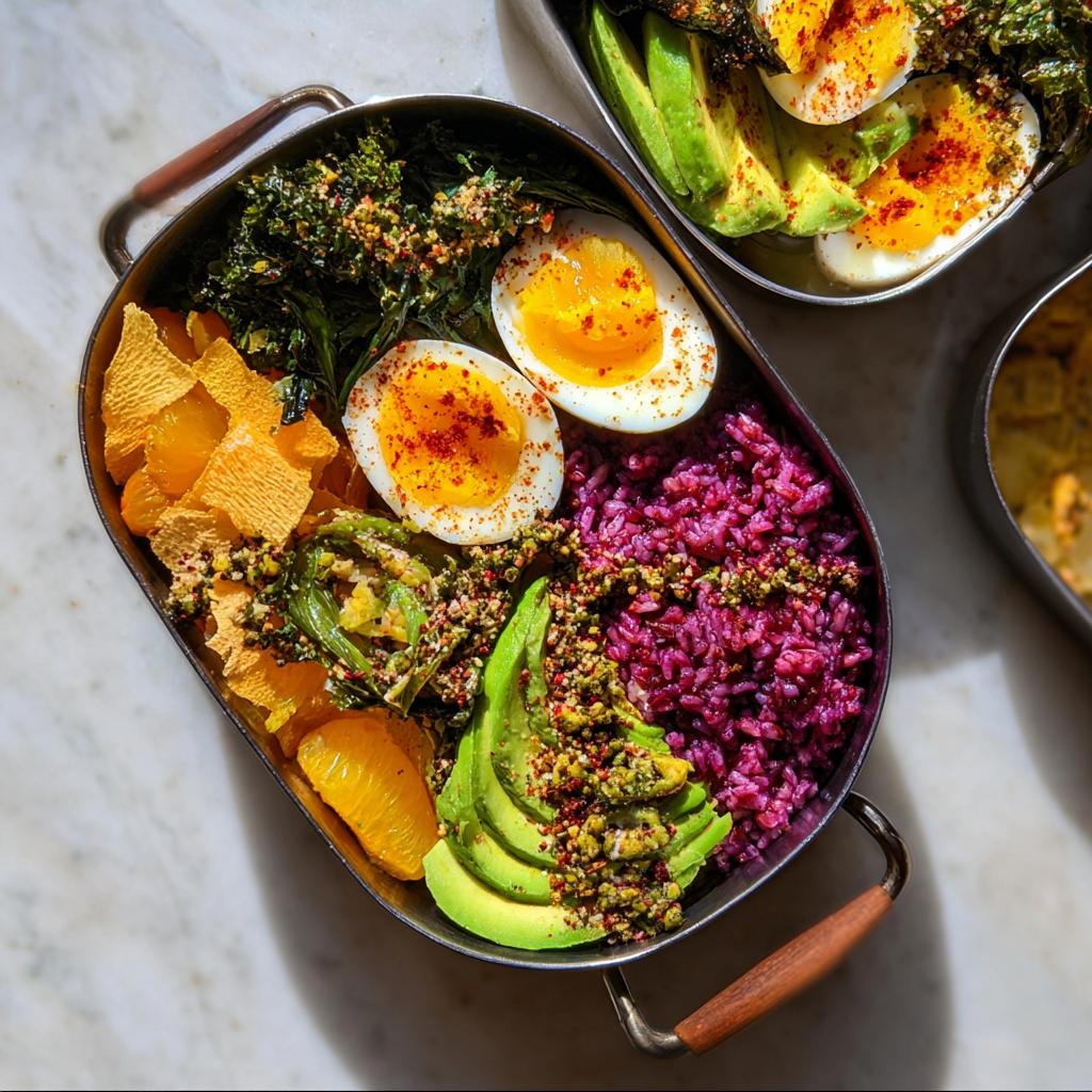 Close-up of a healthy meal featuring two perfectly boiled eggs, vibrant purple rice, sliced avocado, and greens.