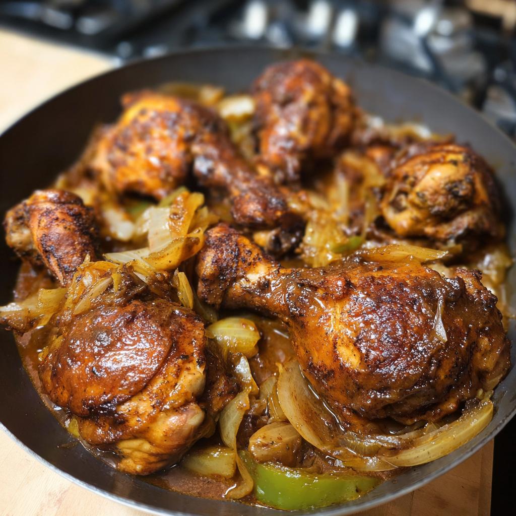 Close-up of braised chicken legs with onions and peppers in a skillet, part of The Only Chicken Recipes Recipe You’ll Need (2025).