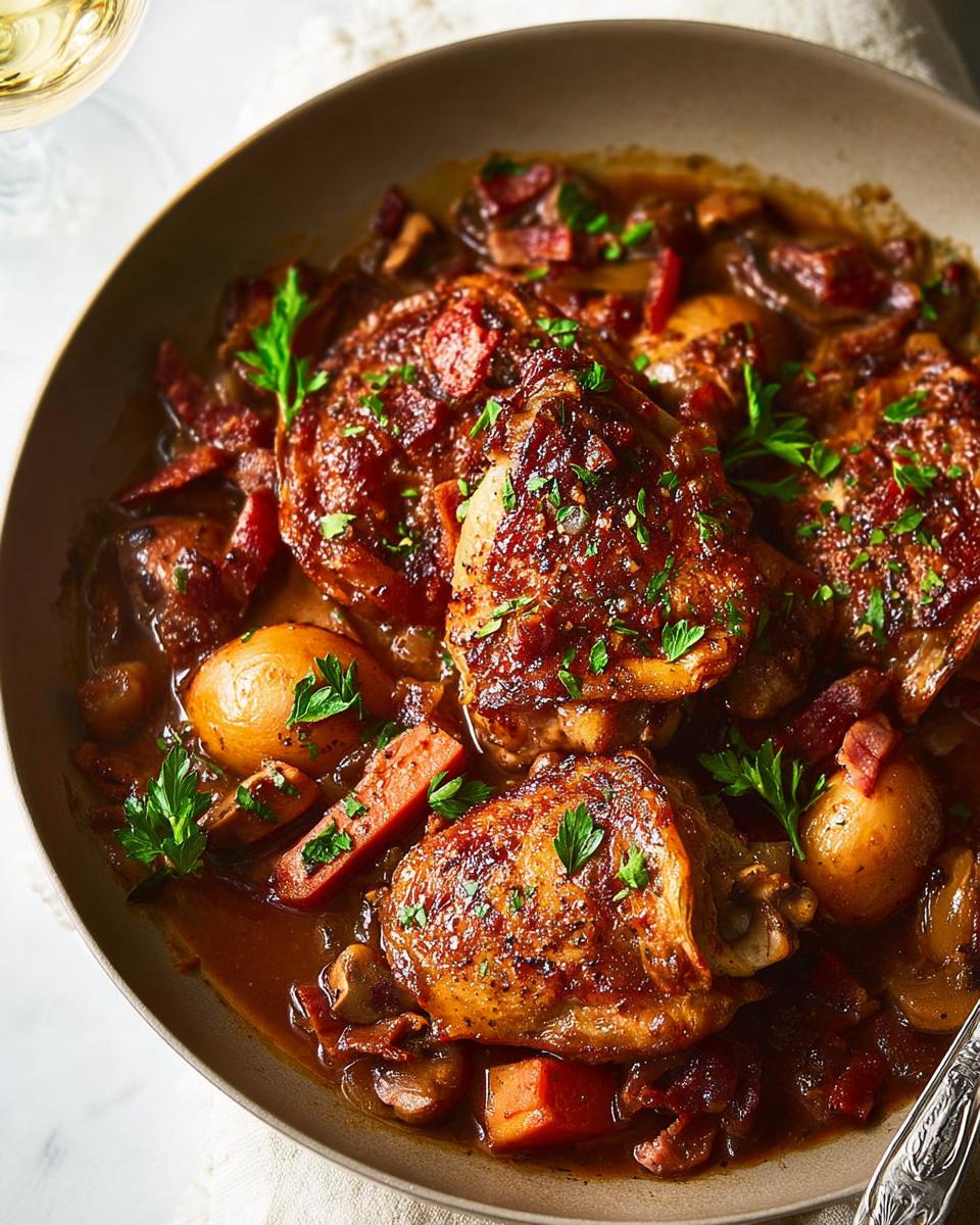 A close-up of braised chicken thighs in a rich sauce with bacon, mushrooms, and herbs. A perfect example of why everyone loves these chicken recipes.