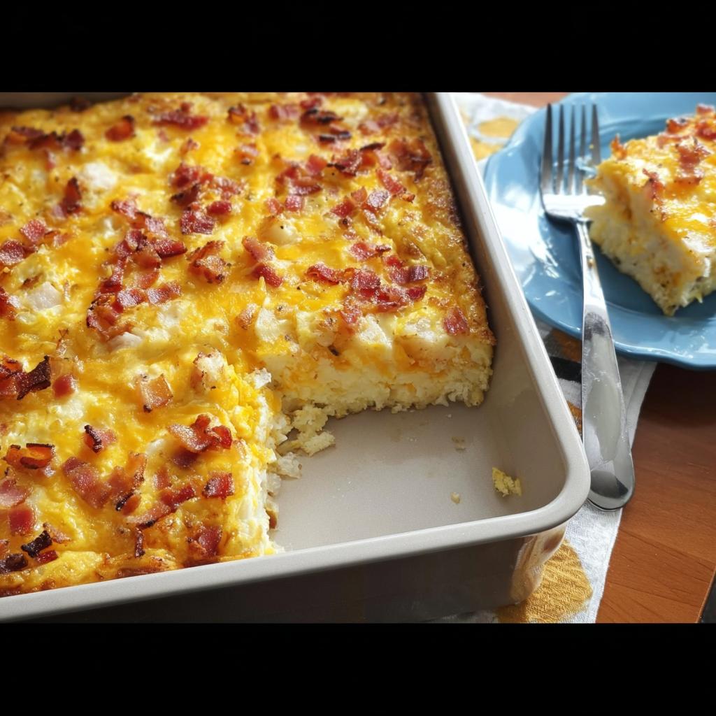 A hearty breakfast casserole with bacon and cheese, served in a baking dish with a slice on a blue plate.