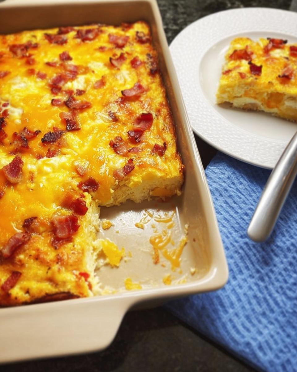 A delicious breakfast casserole with bacon and cheese, ready to be served.