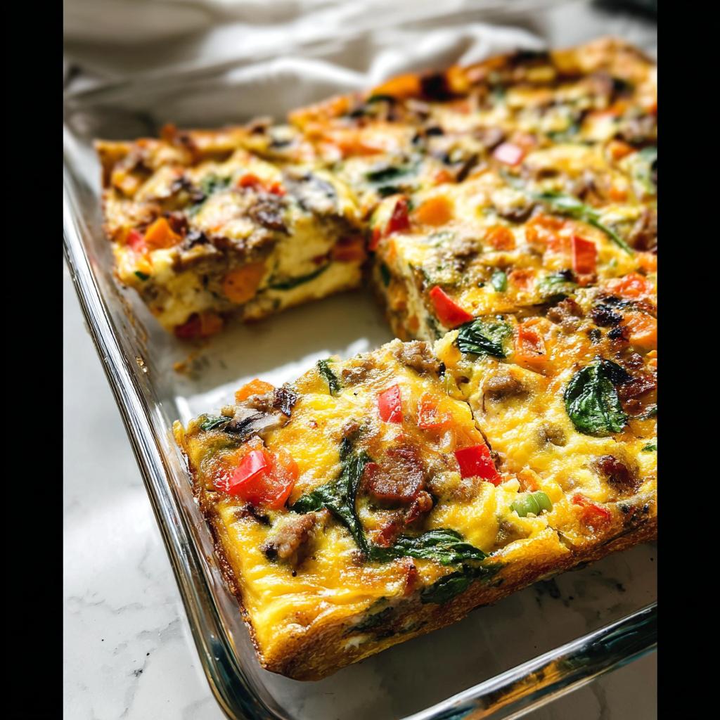 A close-up of a savory breakfast casserole with eggs, sausage, spinach, and red peppers, perfect for meal prep.