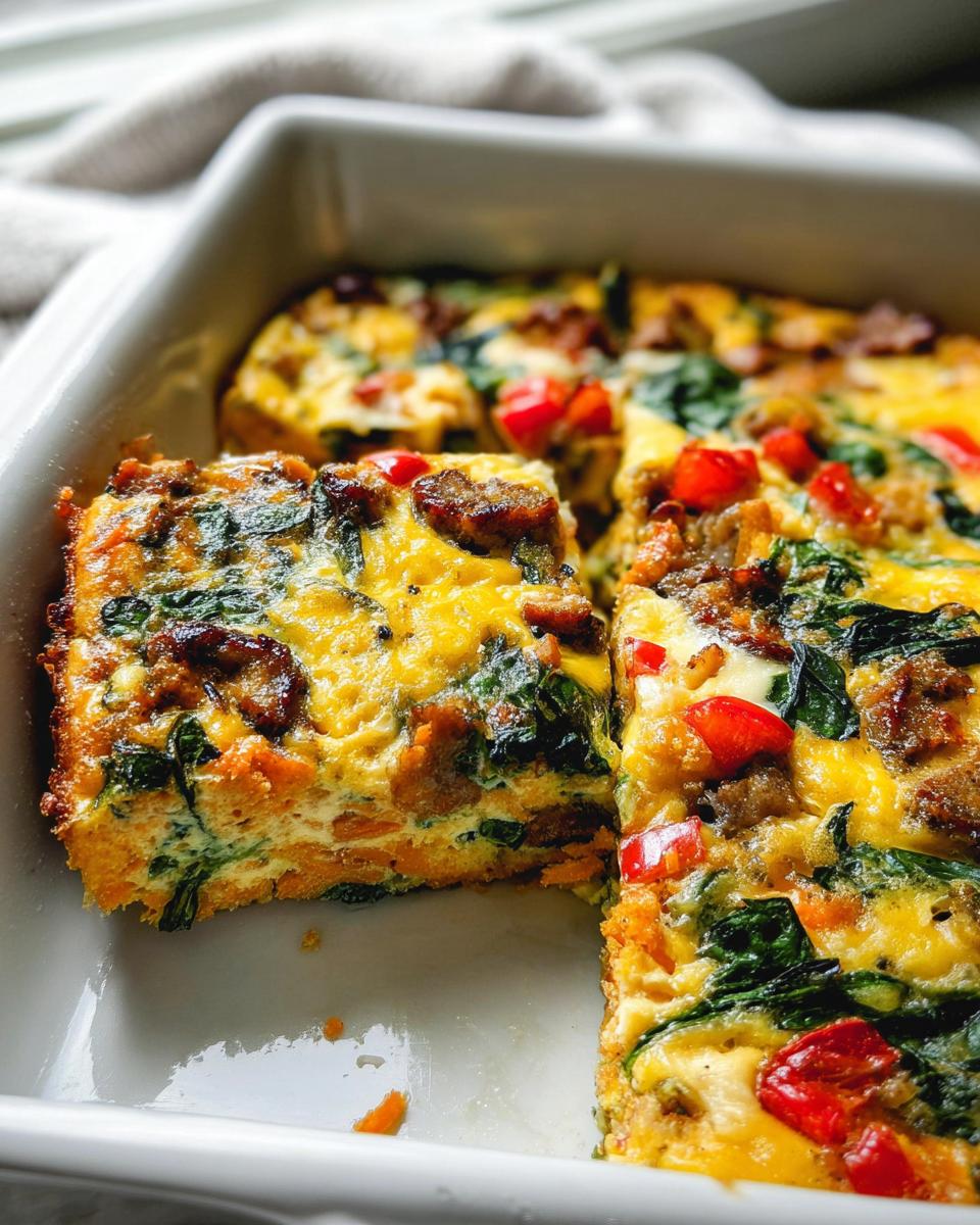 A slice of breakfast casserole with sausage, spinach, and red peppers, perfect for meal prep.