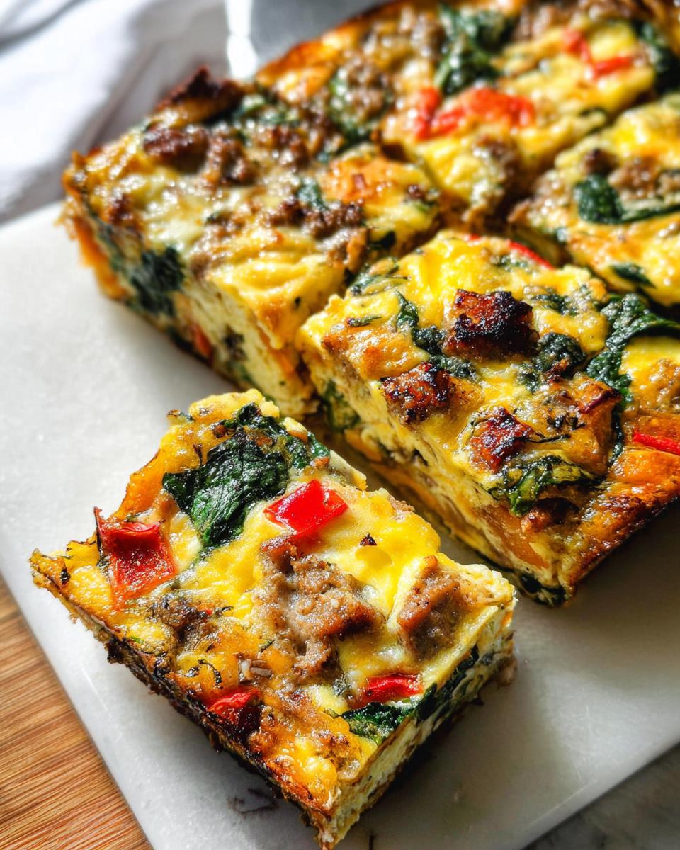 A hearty slice of breakfast casserole with sausage, spinach, and red peppers, perfect for meal prep.