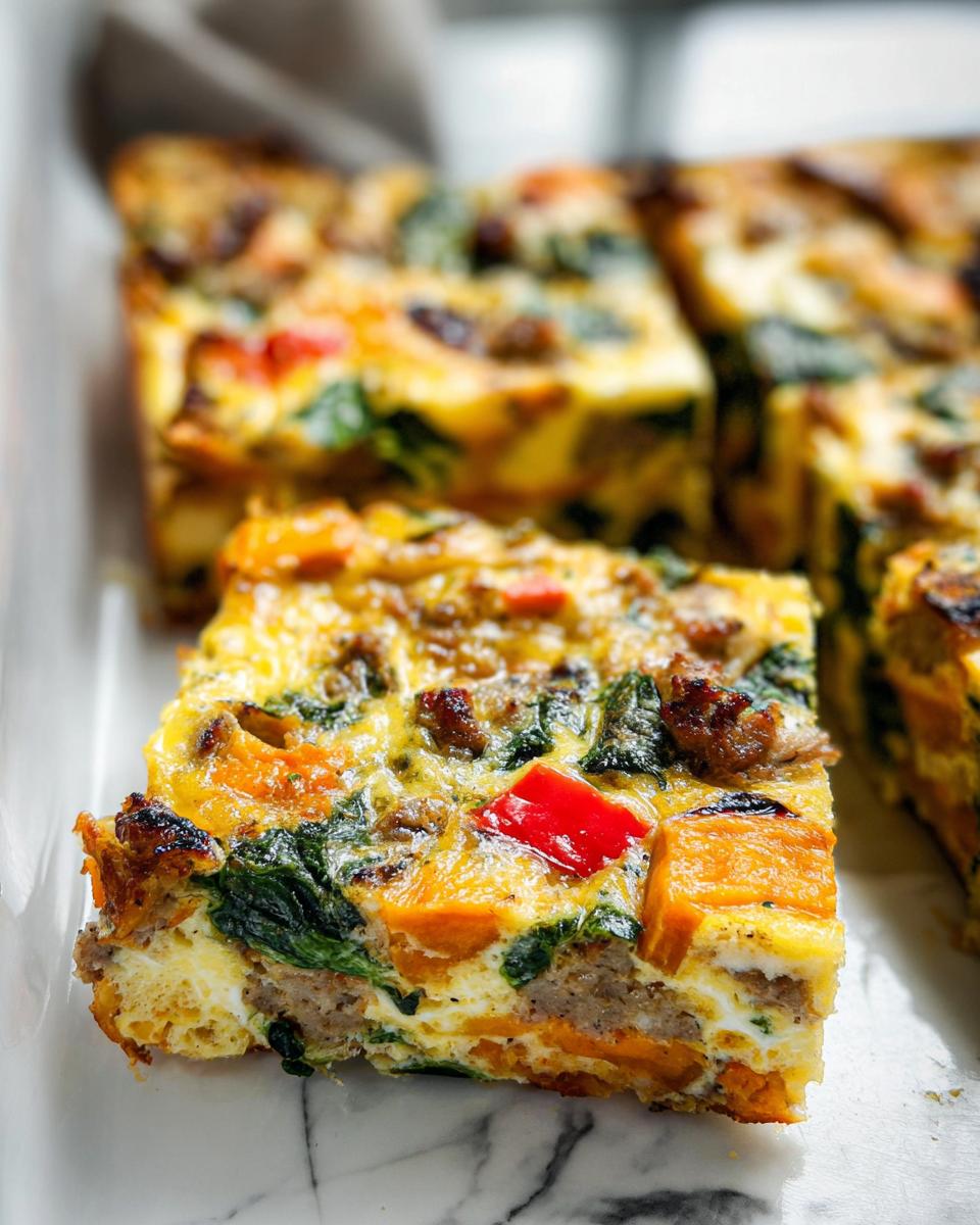 Close-up of a slice of breakfast casserole with sausage, spinach, sweet potato, and red pepper.