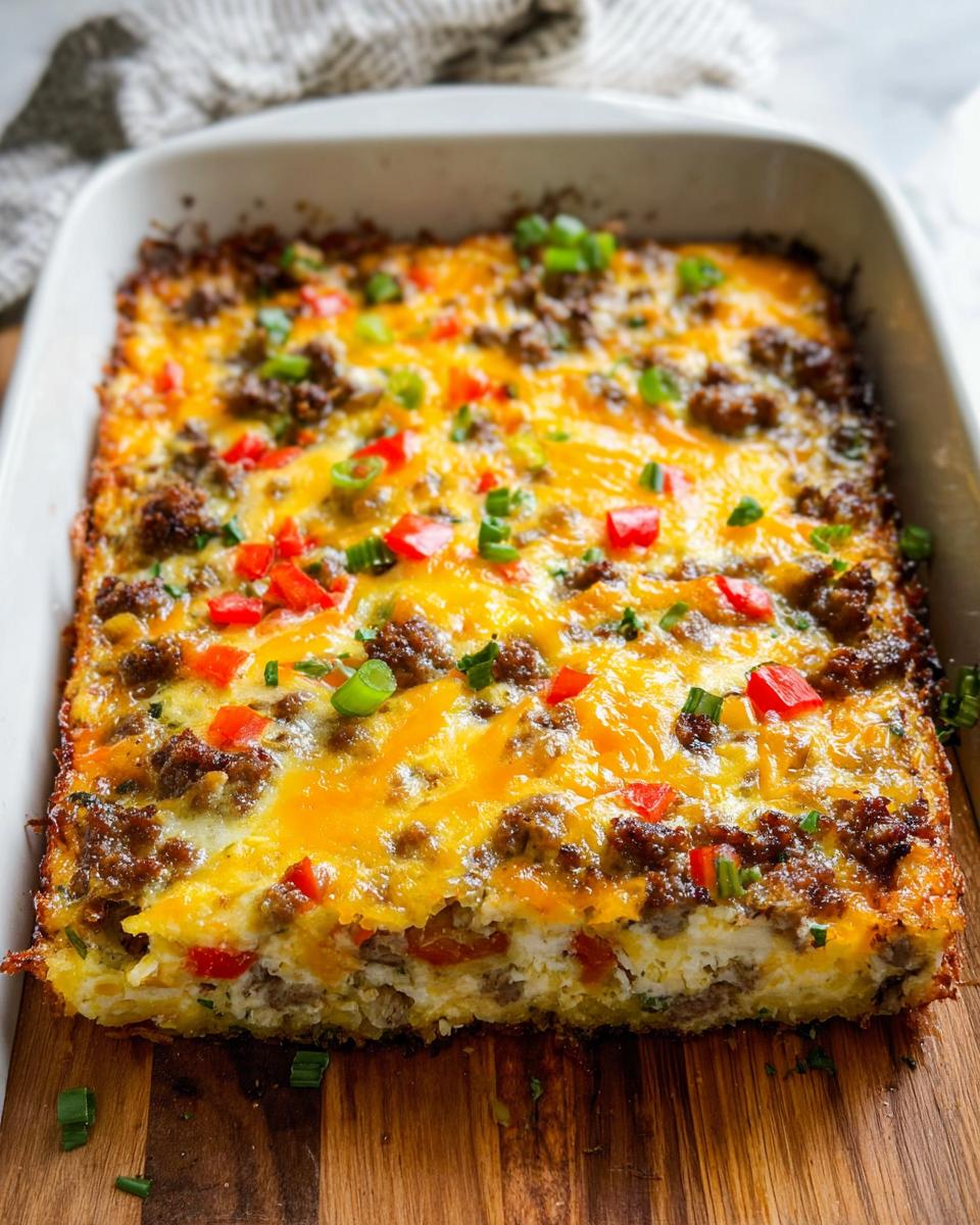 A hearty breakfast casserole with sausage, cheese, peppers, and green onions, perfect for meal prep.