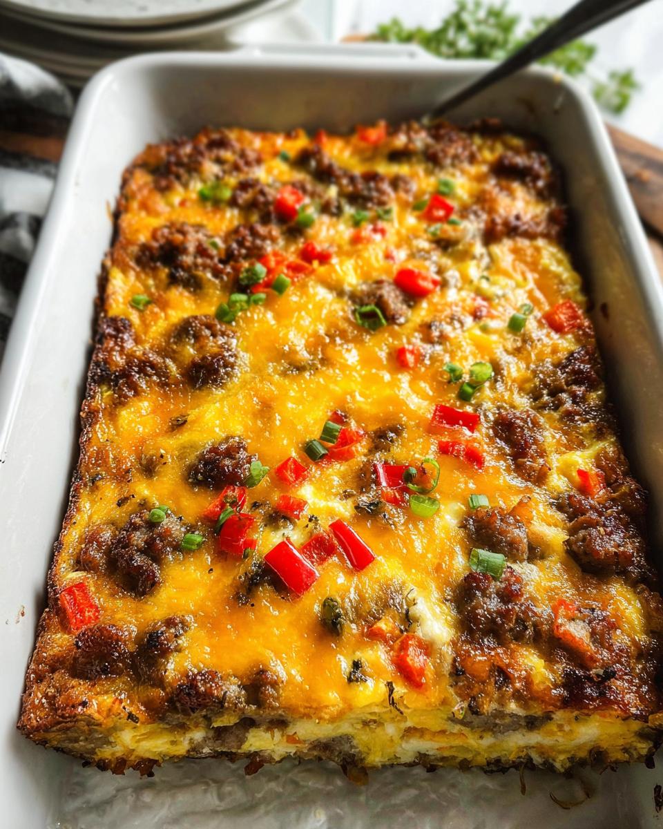 A hearty breakfast casserole with sausage, cheese, and peppers, perfect for meal prep.