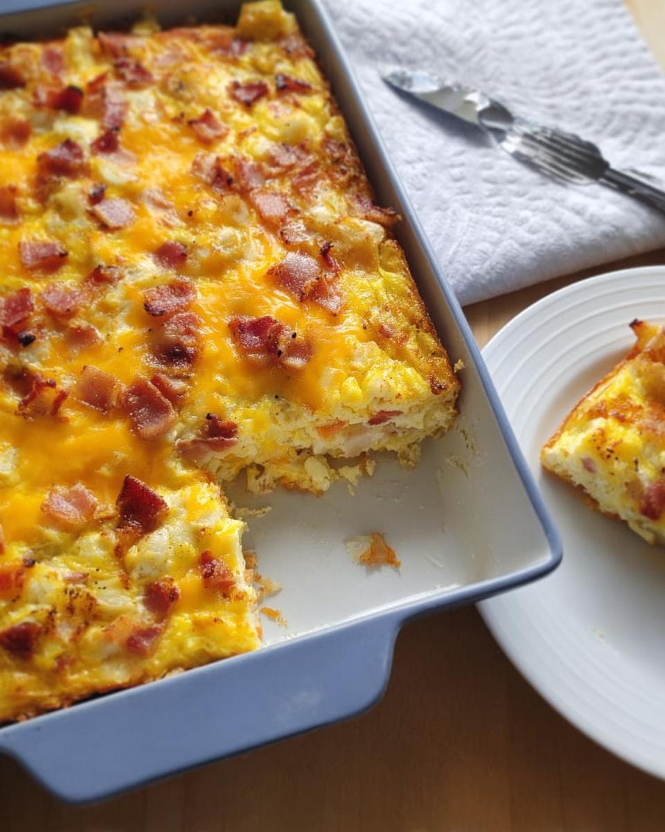 A delicious breakfast casserole recipe with bacon and melted cheese, served in a baking dish with a slice on a plate.
