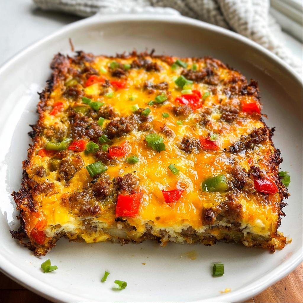 A slice of hearty breakfast casserole with sausage, cheese, peppers, and green onions.