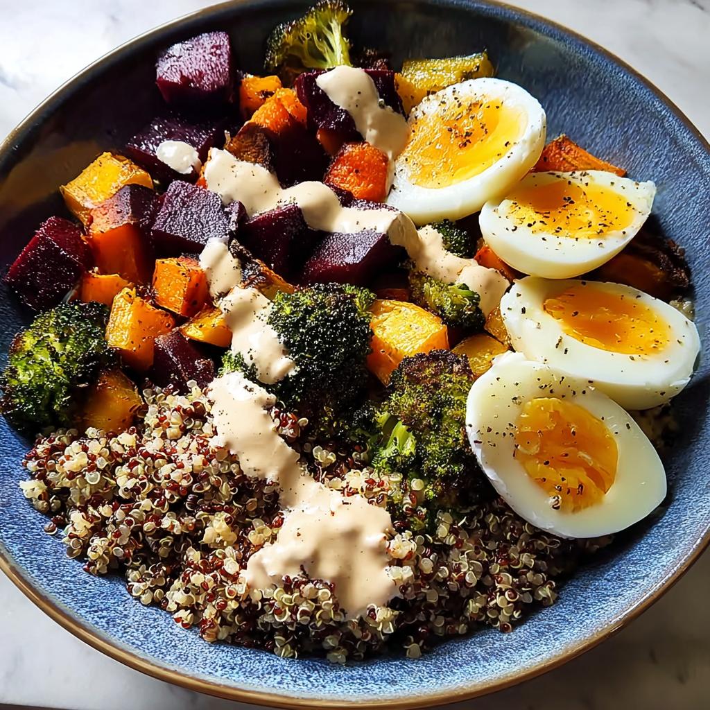A vibrant bowl of breakfast ideas recipes featuring quinoa, roasted beets, butternut squash, broccoli, and halved hard-boiled eggs drizzled with sauce.