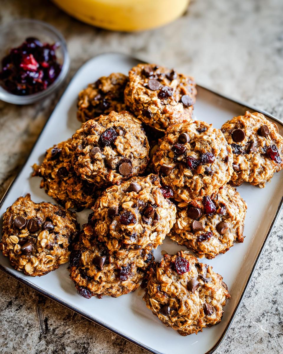 A plate piled high with delicious oatmeal chocolate chip cookies, perfect for quick breakfast ideas.
