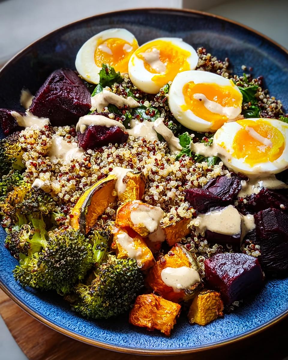 A vibrant breakfast bowl featuring quinoa, roasted vegetables, and halved hard-boiled eggs, drizzled with a creamy sauce. A perfect example of healthy breakfast ideas.