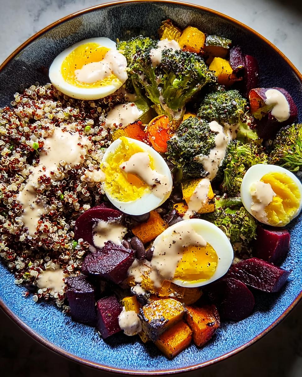 A vibrant bowl of breakfast ideas recipes featuring quinoa, roasted vegetables, and hard-boiled eggs with a creamy dressing.