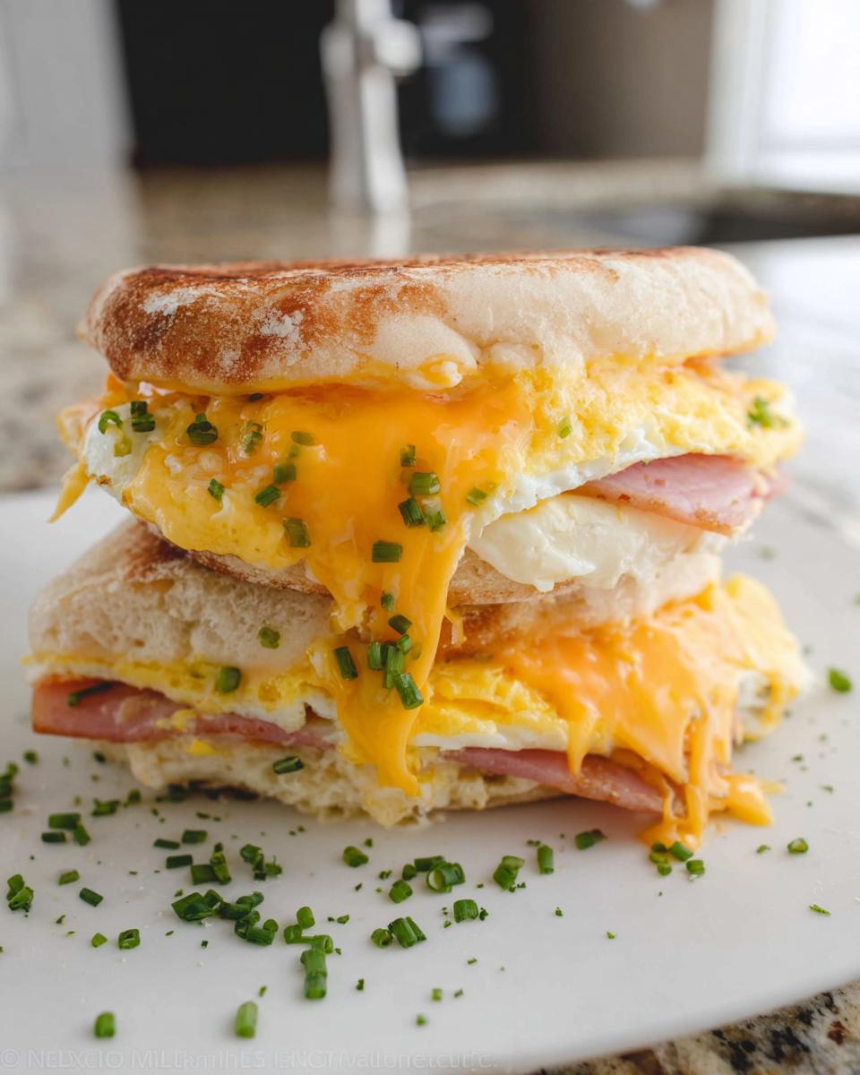 A stacked breakfast sandwich with egg, ham, and melted cheese on an English muffin, a perfect example of sandwich ideas recipes.