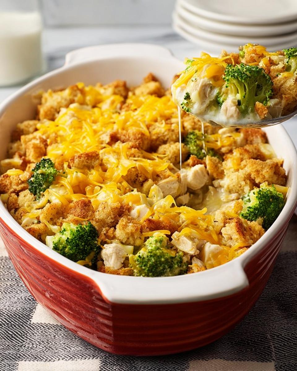 A serving spoon lifts a portion of creamy broccoli chicken casserole, showing chunks of chicken, broccoli florets, and melted cheese.