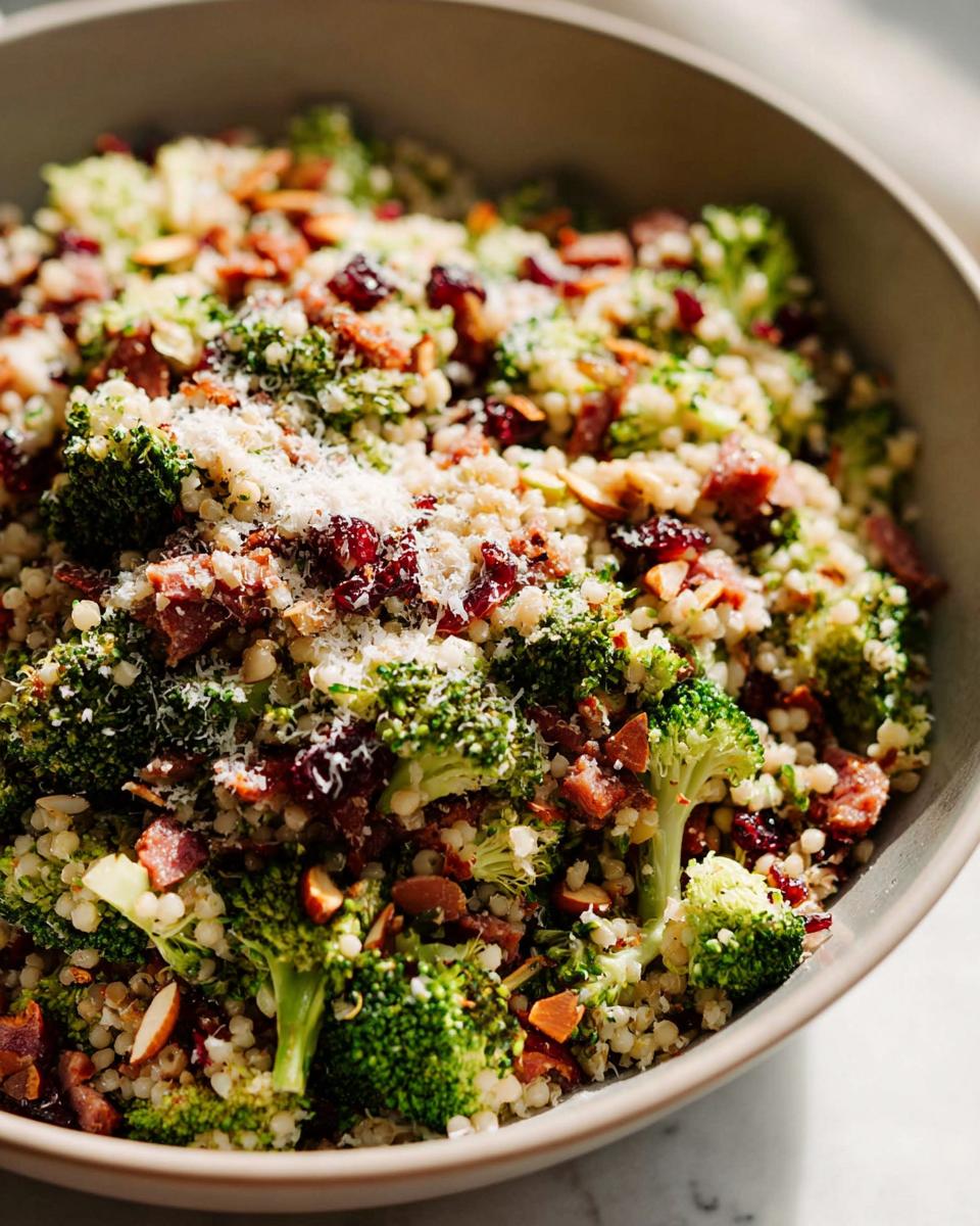 A vibrant broccoli and couscous salad with dried cranberries, almonds, and bacon bits, perfect for The Ultimate Veggie Sides Recipes Guide for Beginners.