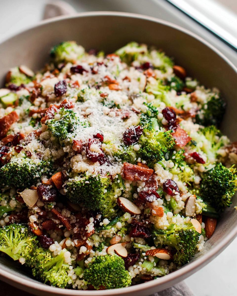 A vibrant broccoli quinoa salad with dried cranberries, slivered almonds, and crumbled bacon, a perfect veggie side.