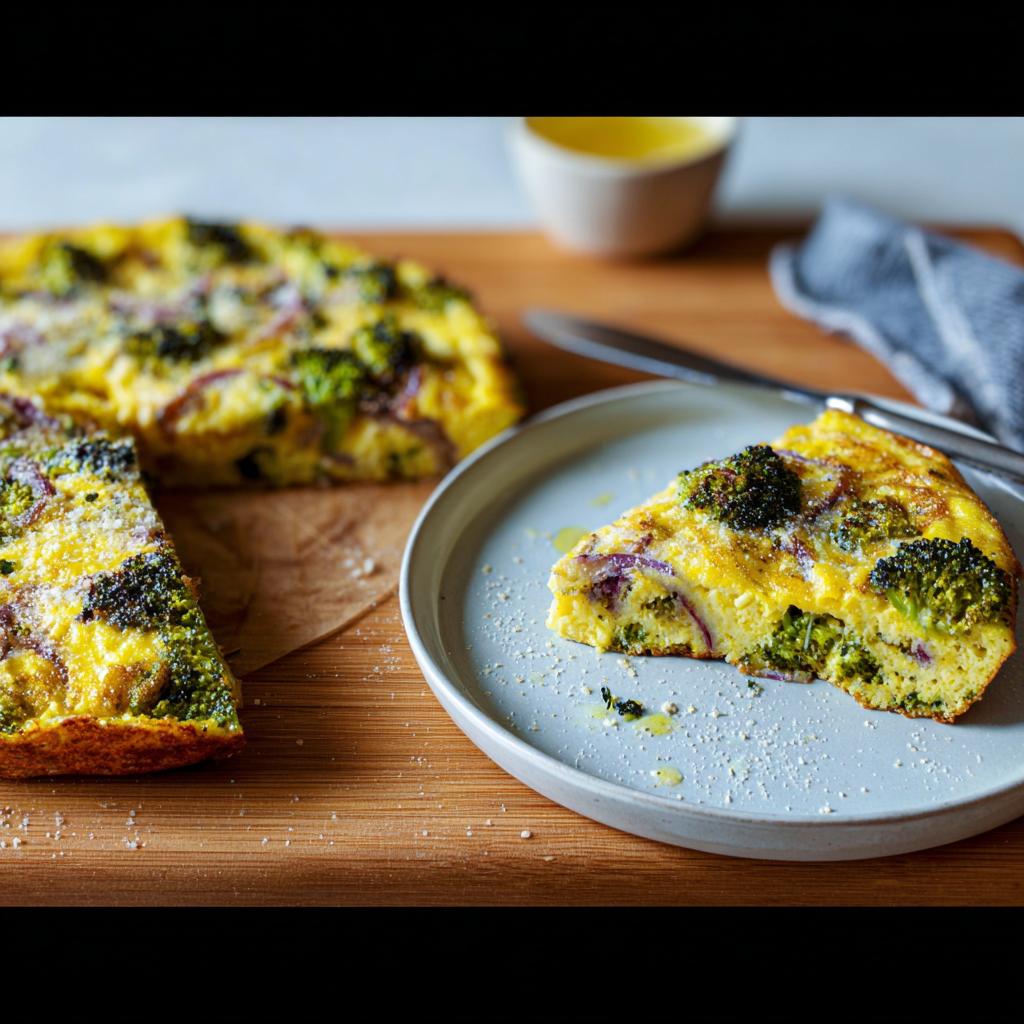 A slice of a delicious egg bake with broccoli and red onion, part of 25 Genius Egg Recipes Ideas for Busy Weeknights.