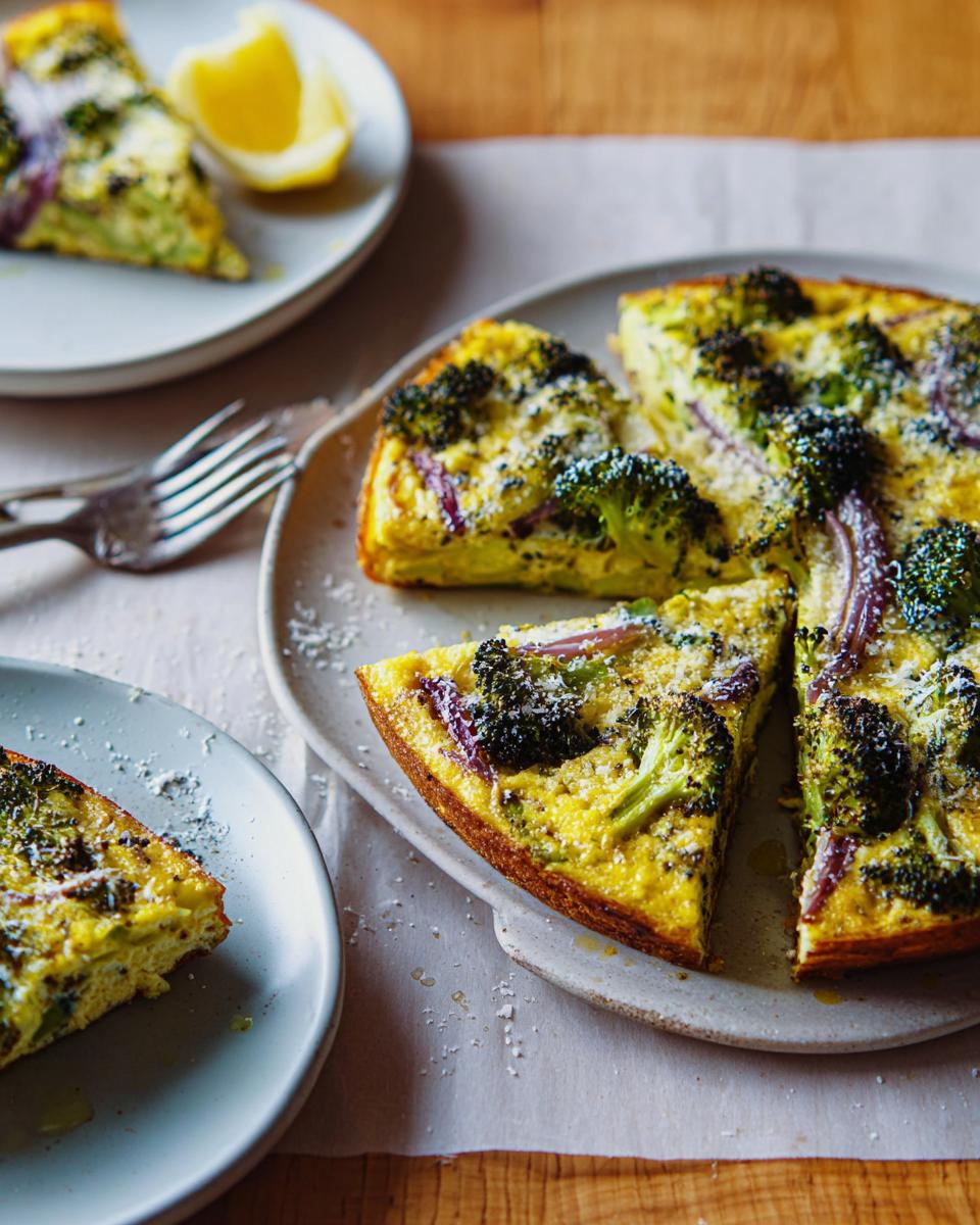 A slice of broccoli and red onion frittata, a delicious egg recipe, served with a lemon wedge.