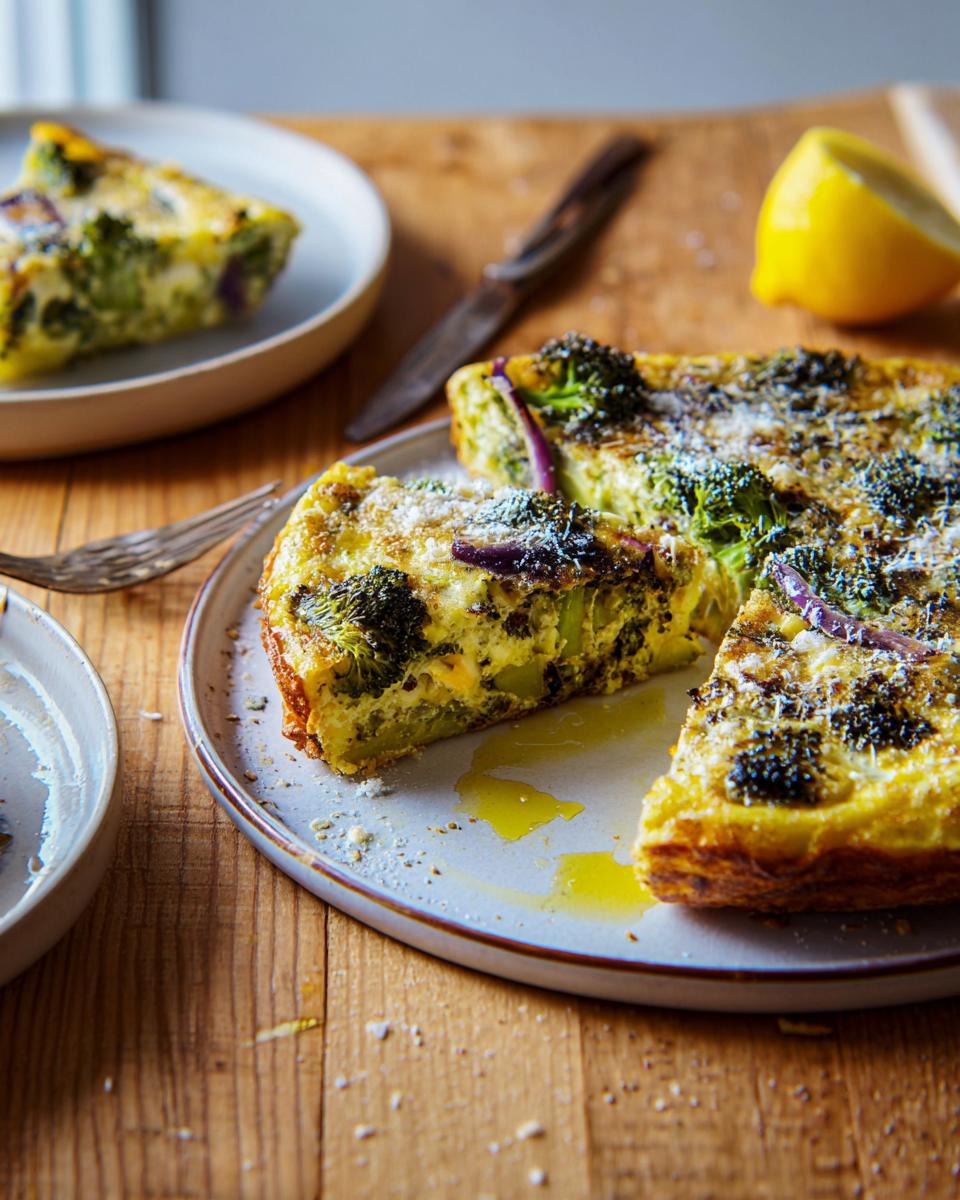 A slice of a hearty broccoli and red onion frittata, a delicious egg recipe, served on a plate with a lemon wedge.