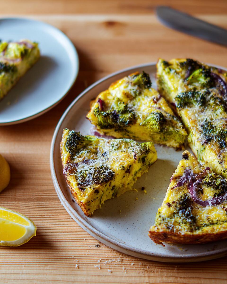 Slices of a broccoli and red onion frittata, a delicious egg recipe, on a plate with lemon wedges.