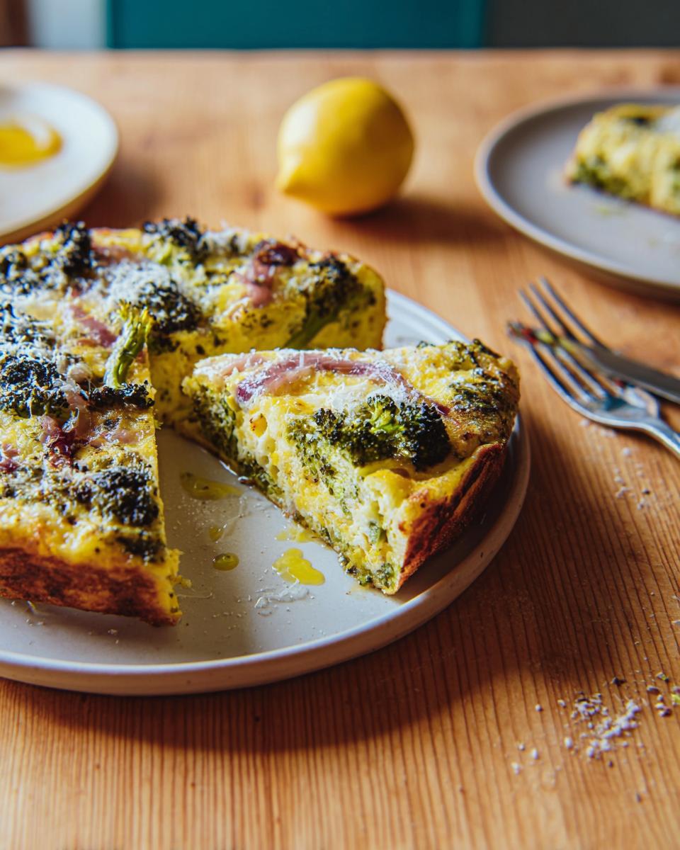A slice of broccoli and red onion frittata, a delicious egg recipe, on a plate with a lemon in the background.