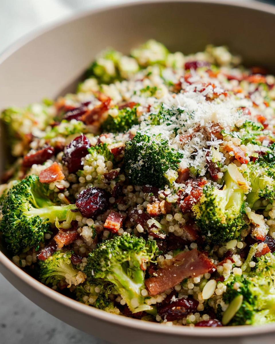 Close-up of a vibrant broccoli salad with couscous, dried cranberries, bacon bits, slivered almonds, and grated Parmesan cheese.