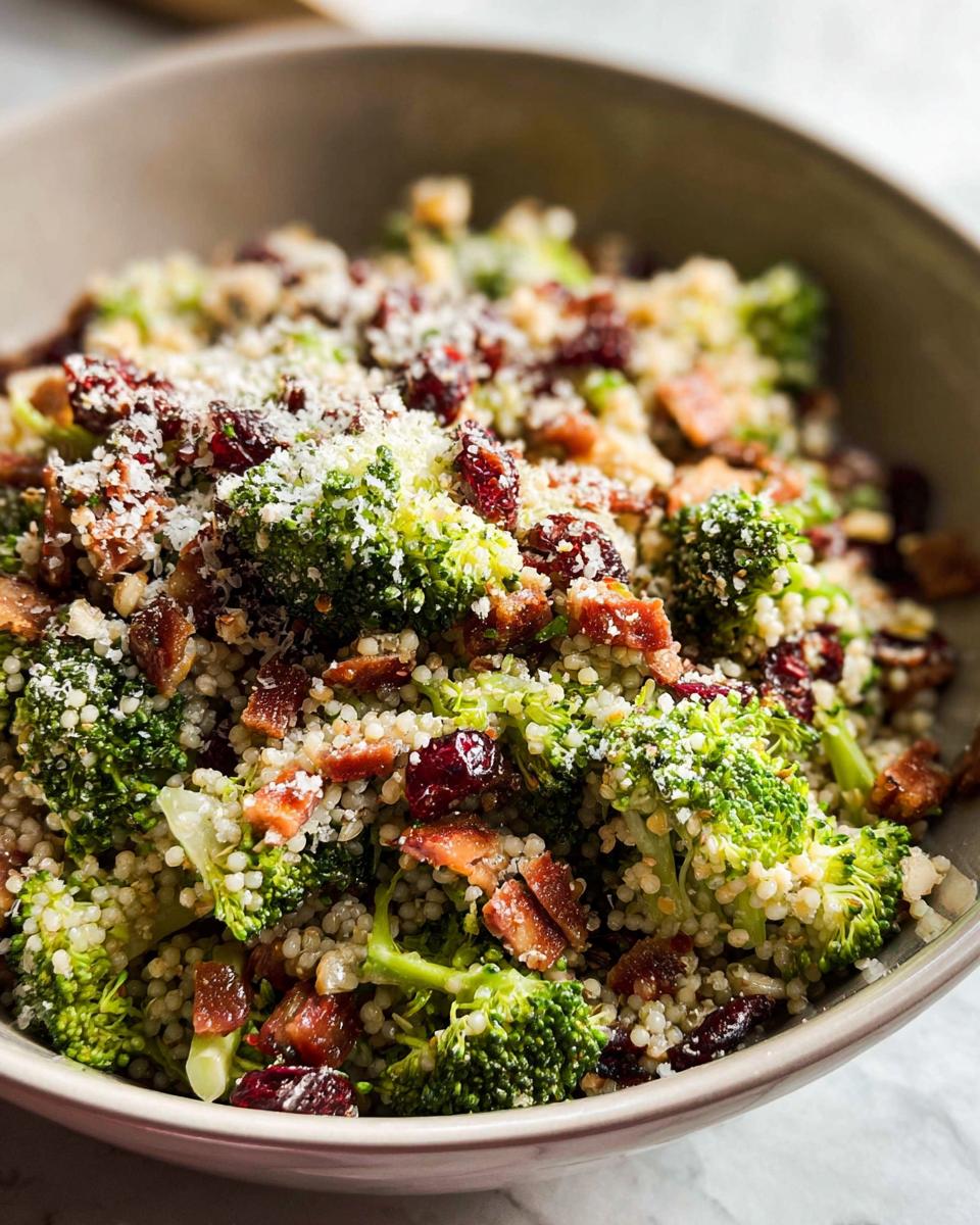 A vibrant bowl of broccoli salad featuring couscous, dried cranberries, crispy bacon bits, and shredded Parmesan cheese.