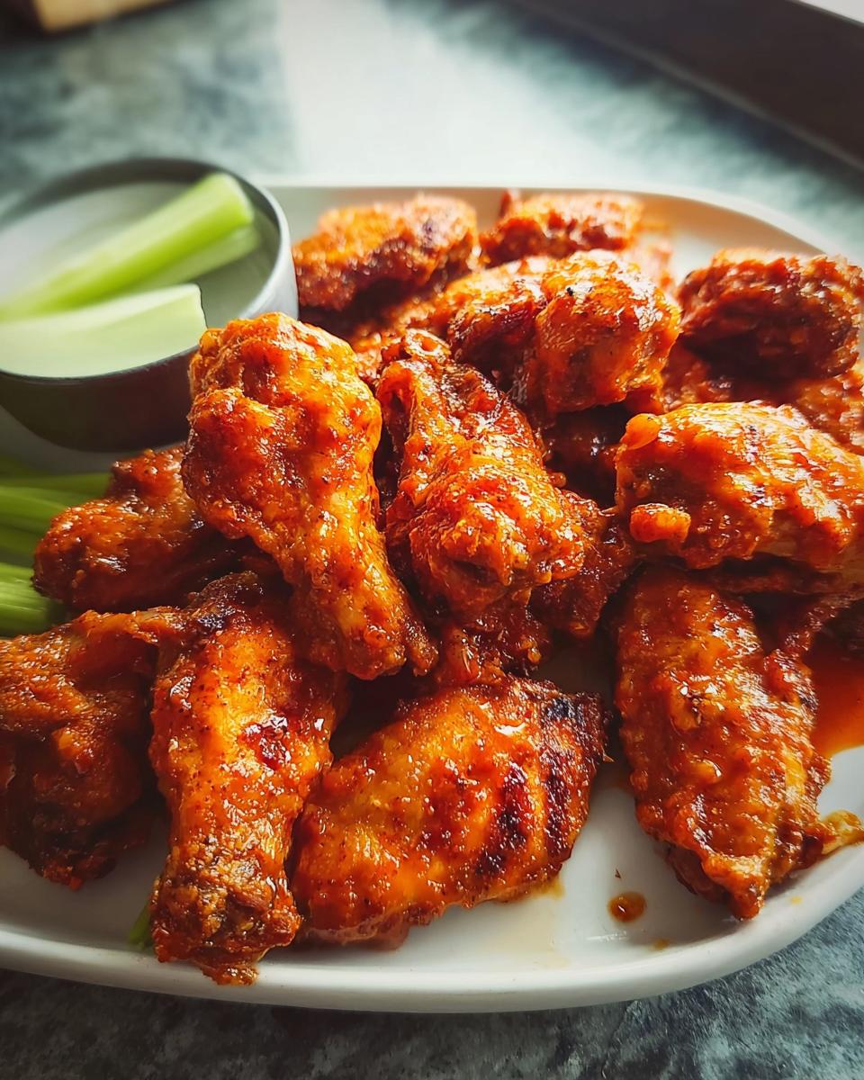 A plate of delicious, saucy buffalo chicken wings served with celery sticks, perfect for busy weeknights.