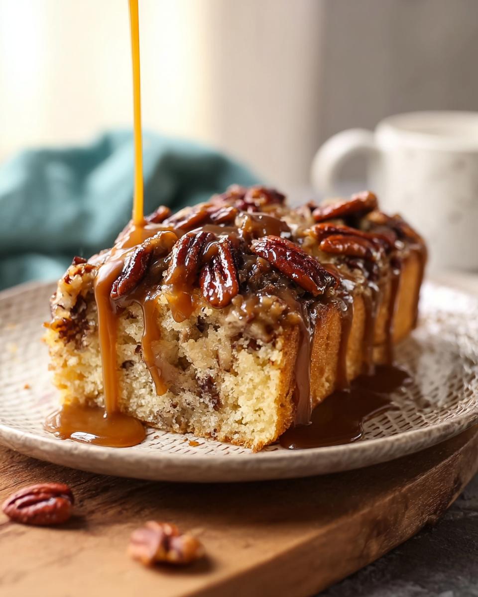 A slice of delicious caramel pecan cake with warm caramel sauce being drizzled over the top.