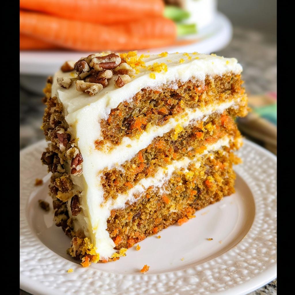 A slice of moist carrot cake with cream cheese frosting, topped with pecans and orange zest.