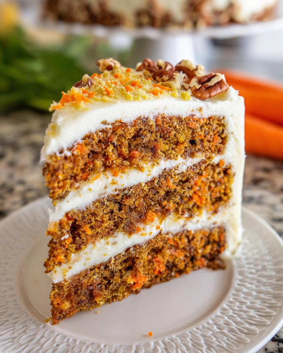 A slice of moist carrot cake with cream cheese frosting, topped with pecans and shredded carrots.