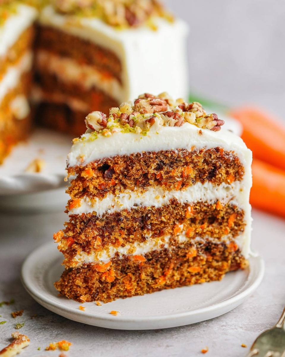 A delicious slice of carrot cake with cream cheese frosting, topped with chopped nuts and lime zest. Part of our cake ideas recipes.
