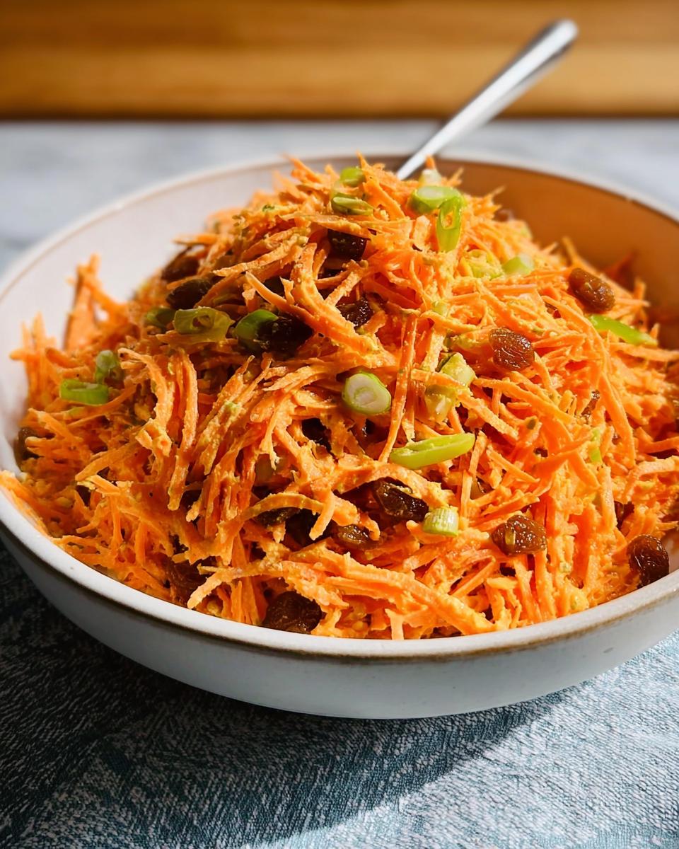 Close-up of a bowl of shredded carrot salad with raisins and green onions, a perfect quick veggie side.