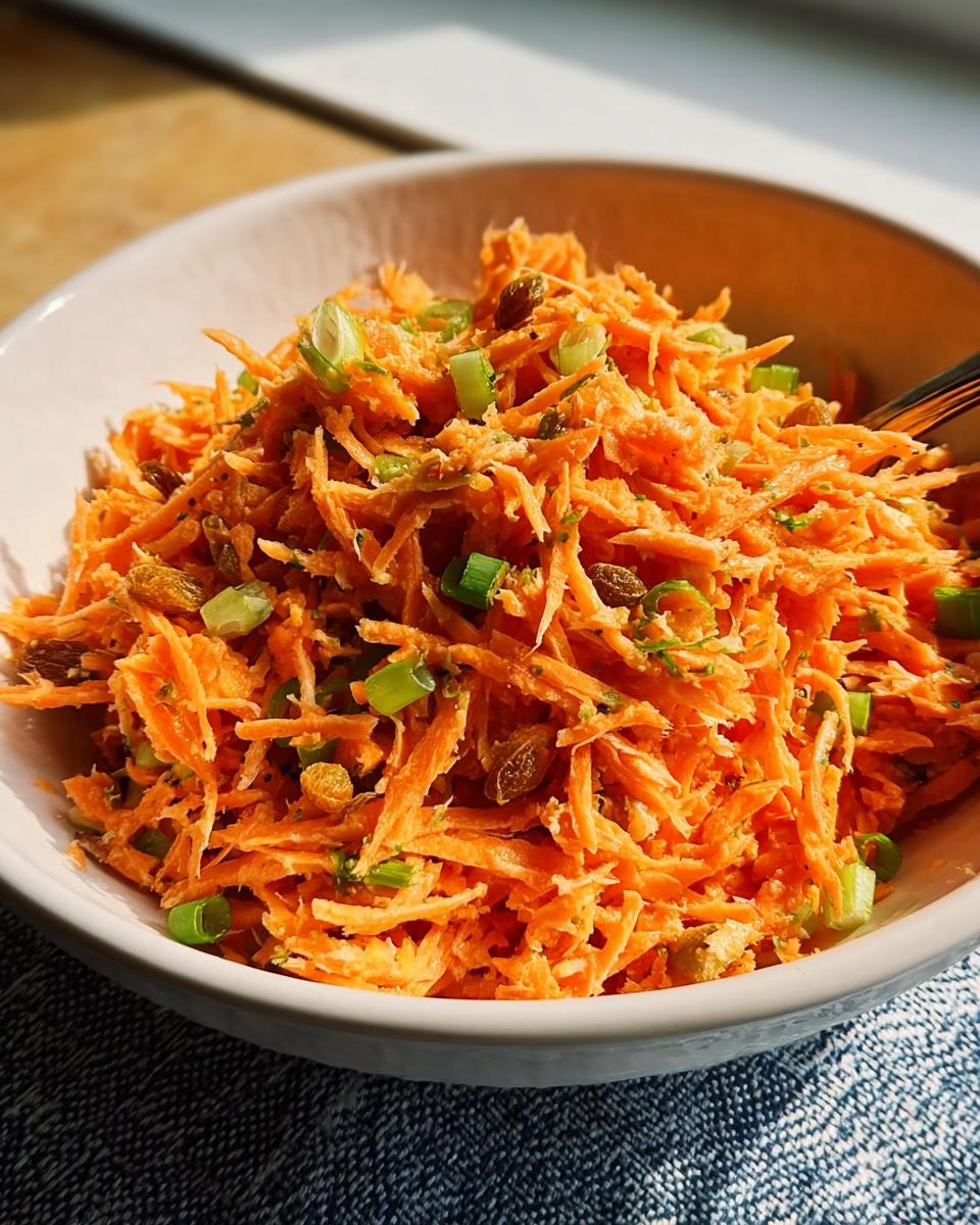 A close-up of a vibrant carrot salad with raisins and chopped scallions, perfect for quick veggie sides recipes.