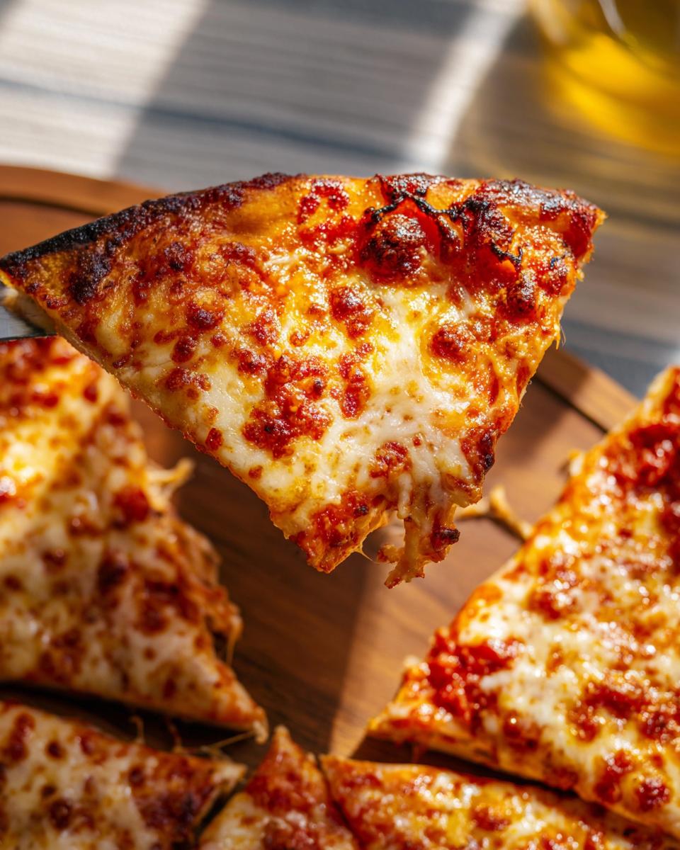 A close-up of a slice of cheese pizza, with melted mozzarella and a crispy crust, perfect for pizza night recipes.