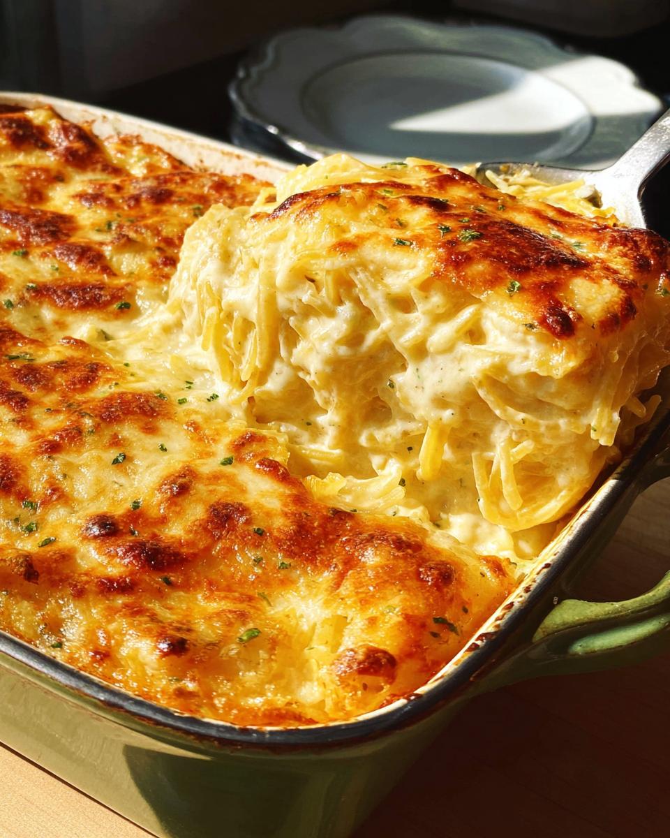A serving spoon lifts a generous portion of cheesy baked spaghetti casserole from a green baking dish.