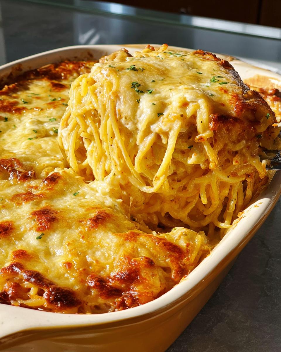 A serving spoon lifts a portion of cheesy baked spaghetti from a casserole dish, showcasing The Only Pasta Recipes.