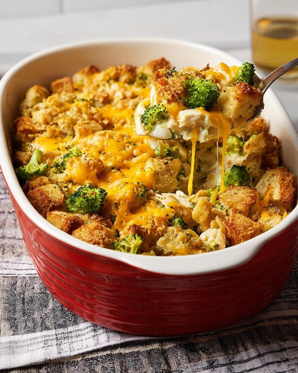 A spoonful of cheesy chicken broccoli casserole being lifted from a red baking dish, showing melted cheese and breadcrumbs.