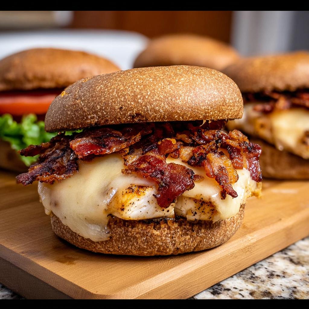 Close-up of a juicy chicken bacon burger with melted cheese, part of Restaurant-Style Easy Dinner Recipes at Home.