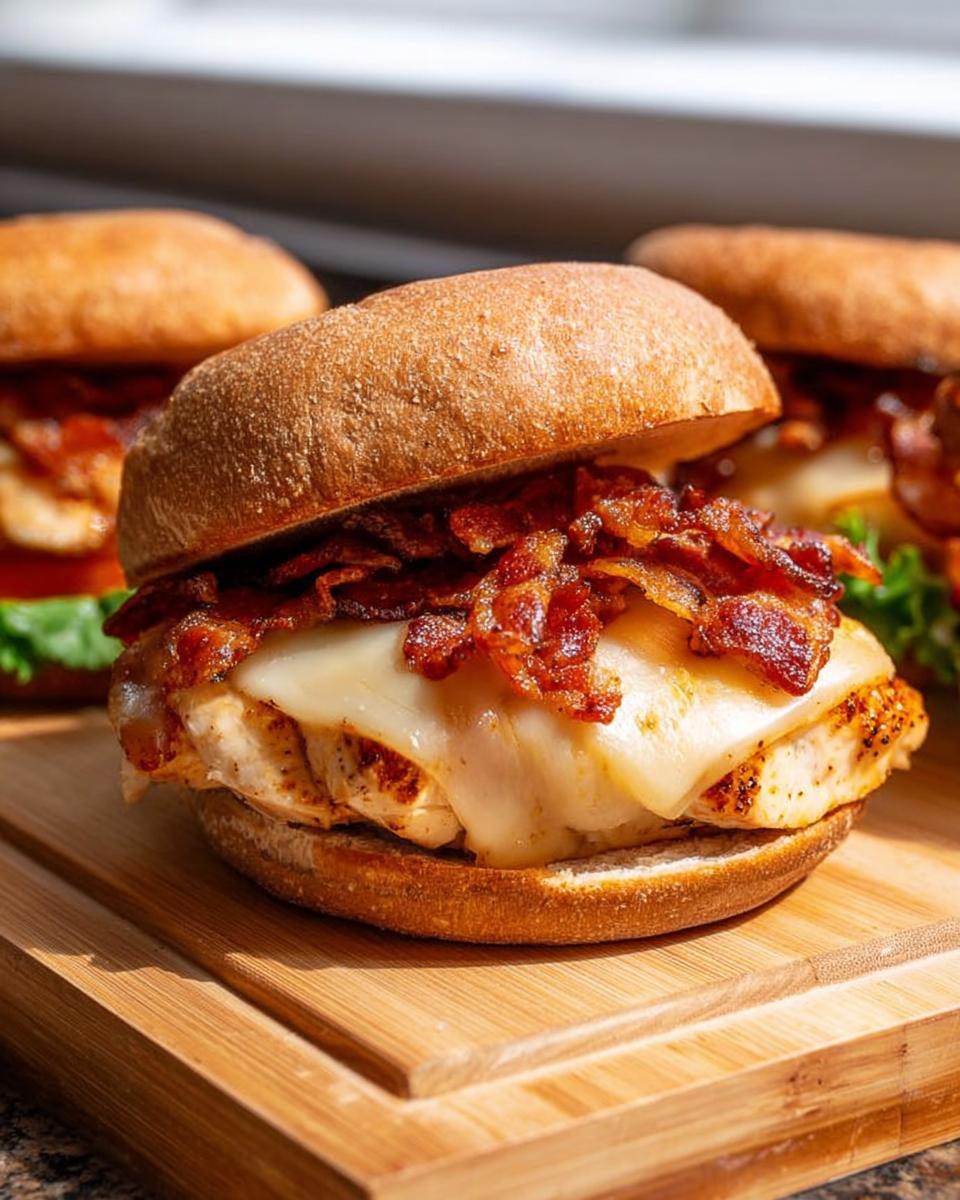 Close-up of a delicious chicken bacon cheese sandwich, a perfect example of restaurant-style easy dinner recipes at home.