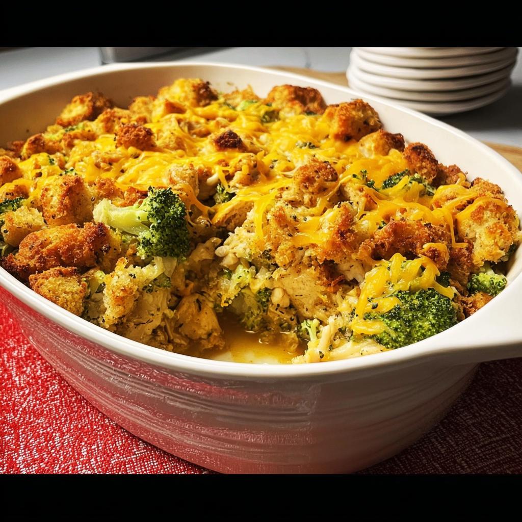 A close-up of a baked chicken and broccoli casserole topped with melted cheese and croutons.
