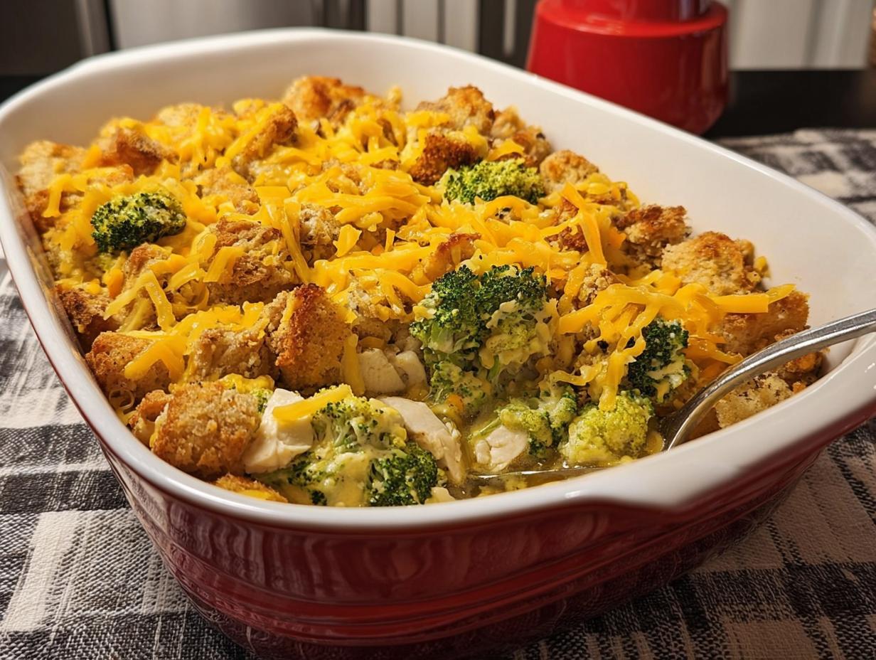 A close-up of a chicken broccoli casserole in a red baking dish, topped with shredded cheddar cheese and croutons.