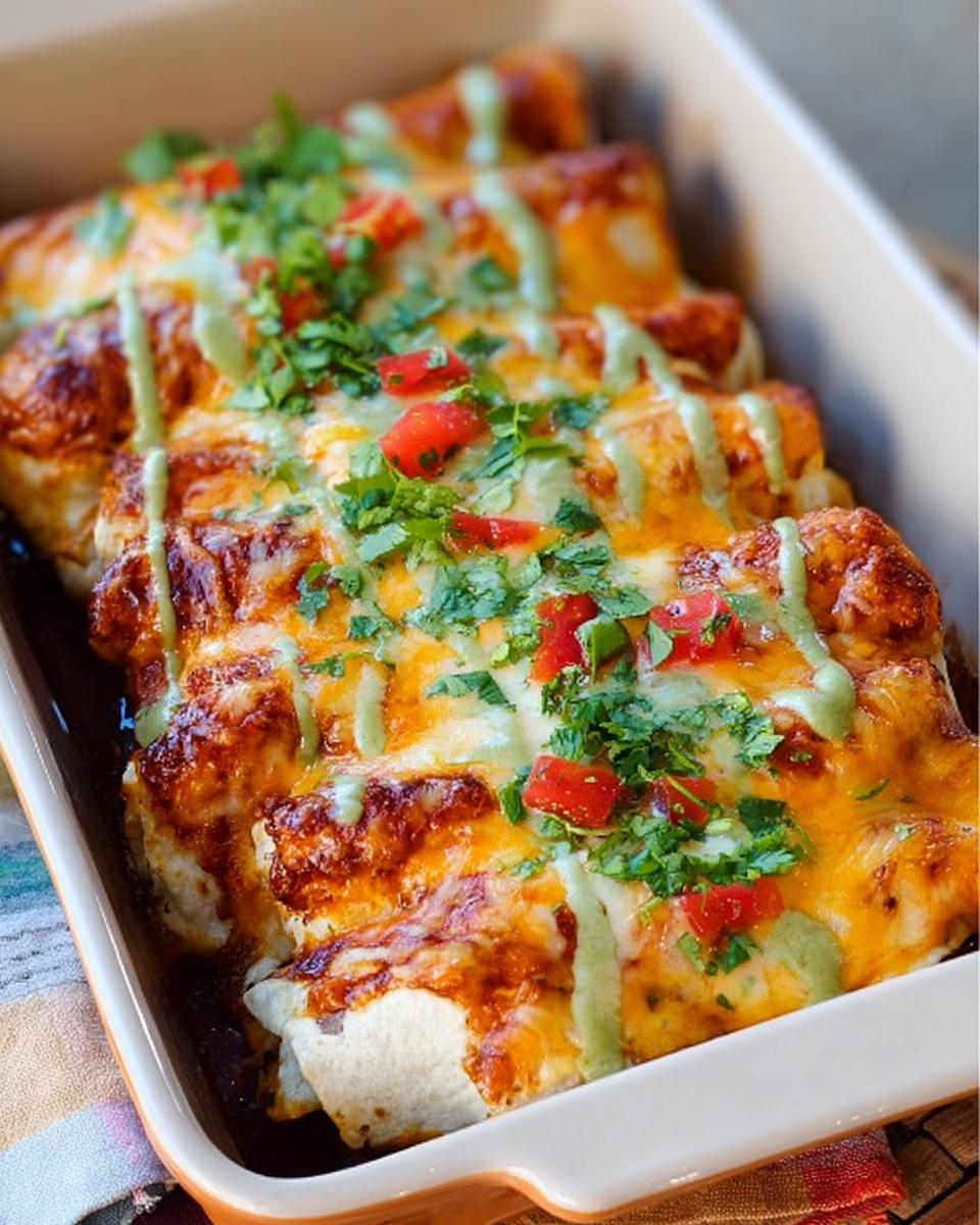 A baking dish filled with cheesy chicken enchiladas, topped with cilantro and a creamy green sauce.