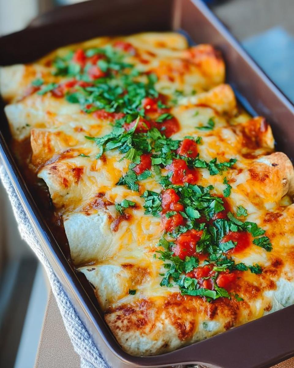 Close-up of baked chicken enchiladas topped with melted cheese, salsa, and cilantro.