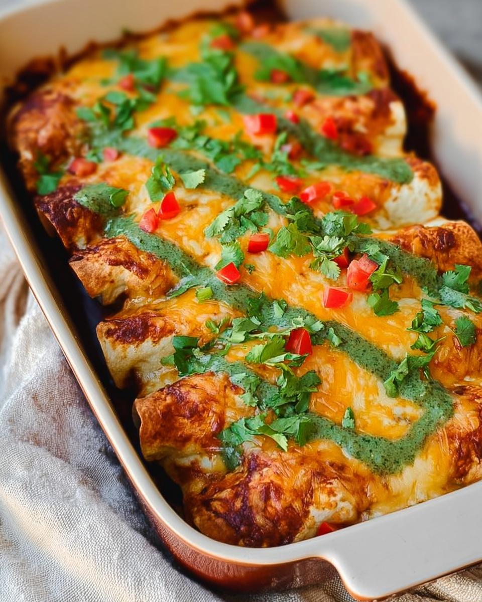 Baked chicken enchiladas topped with melted cheese, green sauce, diced tomatoes, and cilantro.