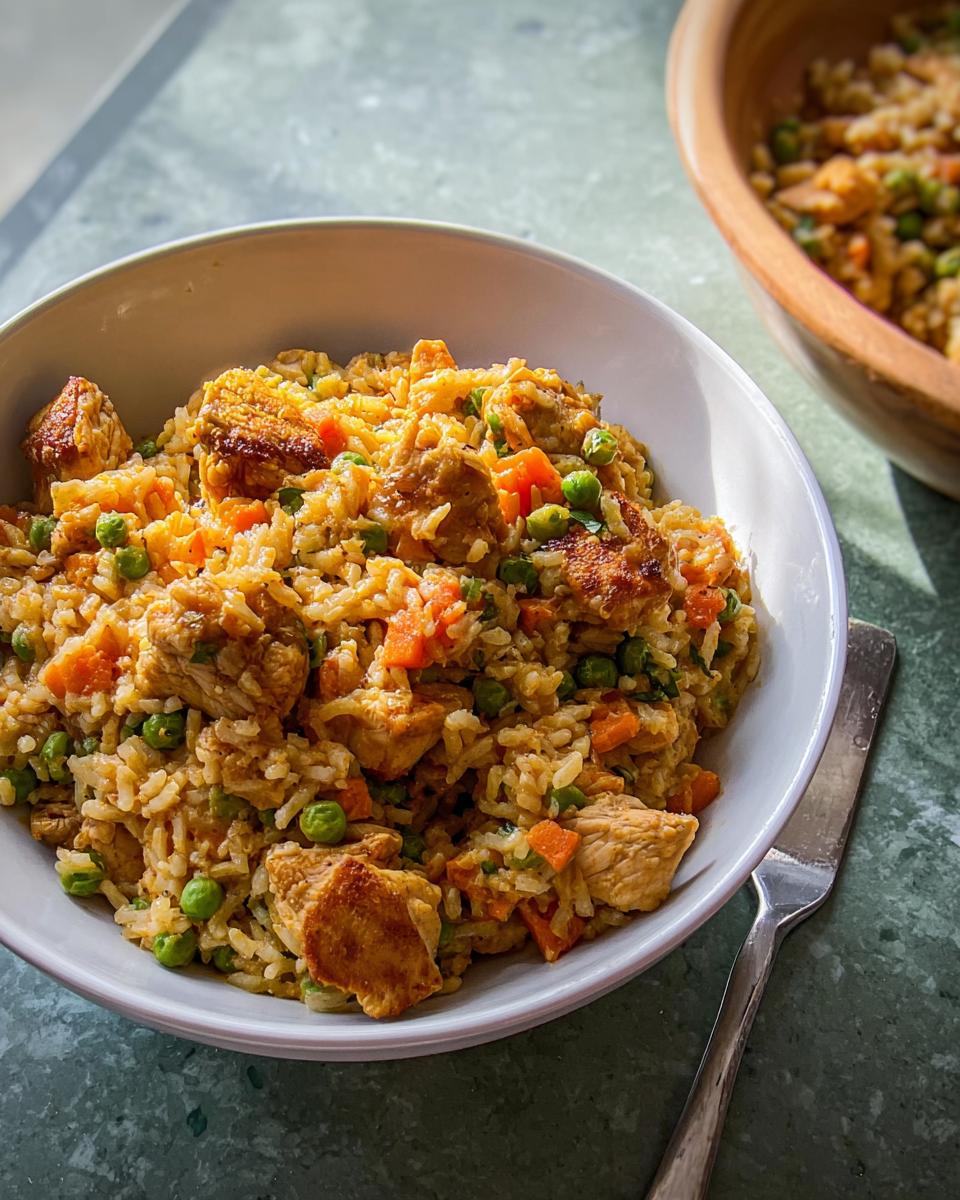 A close-up of a delicious chicken fried rice bowl with peas and carrots, ready in minutes.