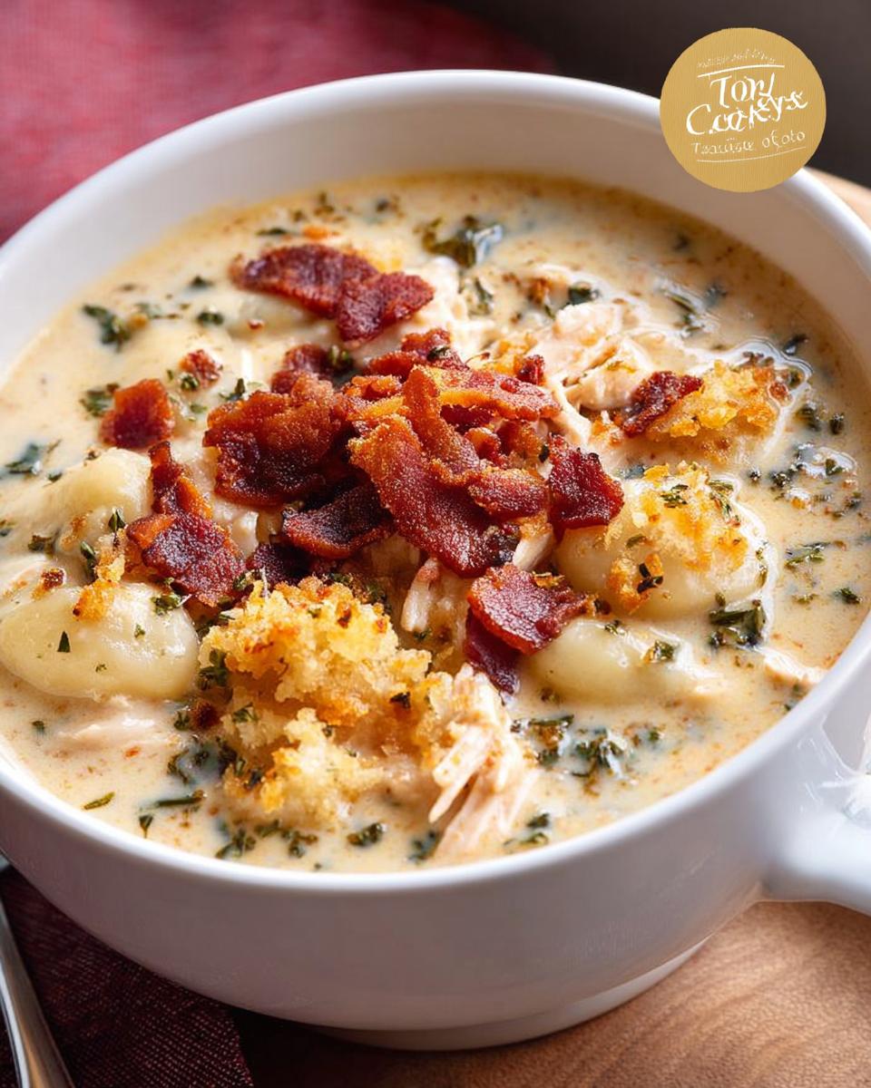 Close-up of a bowl of creamy chicken gnocchi soup topped with crispy bacon and breadcrumbs.