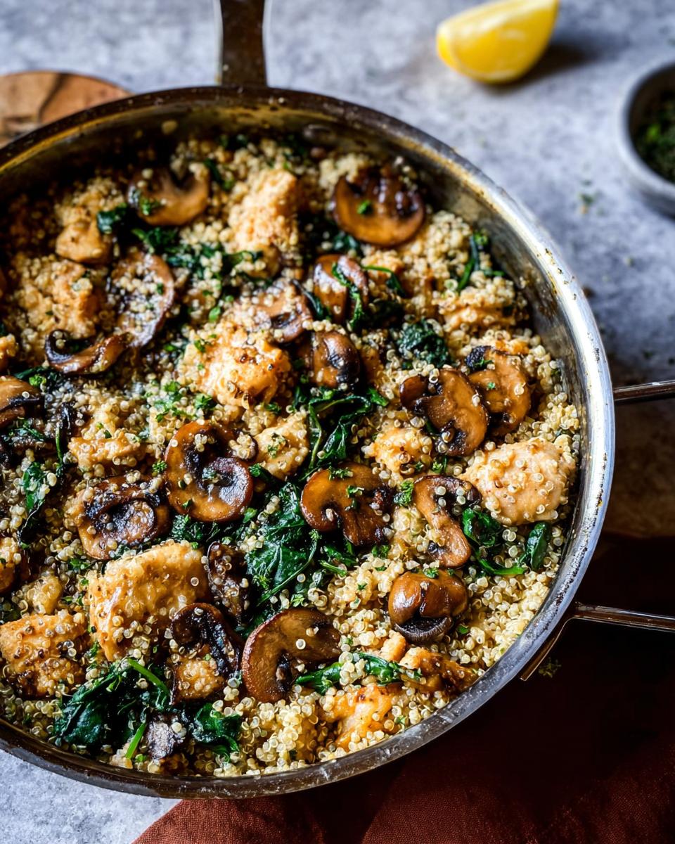 A beginner-friendly chicken recipe featuring a skillet dish with chicken, mushrooms, spinach, and quinoa.