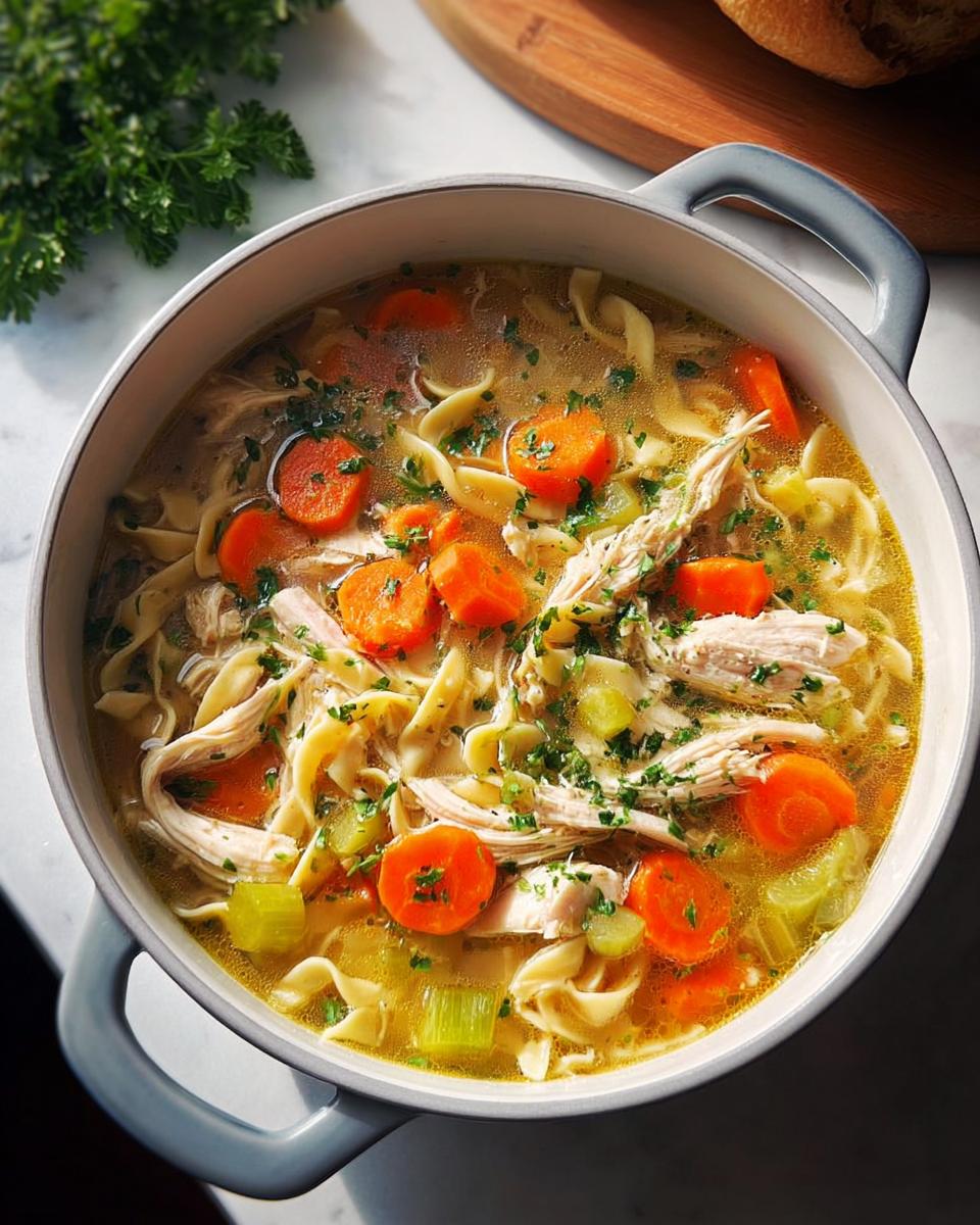 A steaming pot of homemade chicken noodle soup with carrots, celery, and noodles, a perfect comfort bowl.